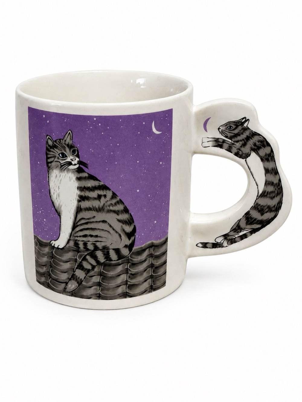 Vintage 1990s Cat Handle Mug Tabby Cat Under Moonlight Novelty handle Coffee Cup